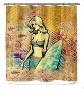 Surfing 1 20 Shower Curtain in a bathroom, showcasing its dynamic surf imagery for an immersive, coastal-inspired shower environment.